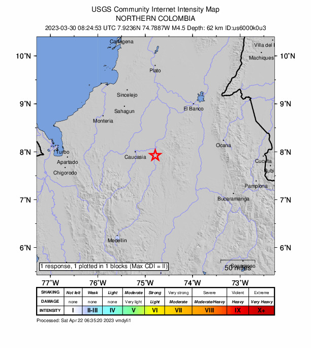 USGS DYFI community-reported intensity map for the M4.5 earthquake near 14 km N of San Carlos, Colombia
