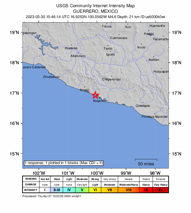 USGS DYFI community-reported intensity map for the M4.6 earthquake near 3 km NE of Los Mogotes, Mexico