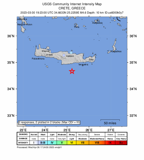 USGS DYFI community-reported intensity map for the M4.6 earthquake near 38 km S of Pýrgos, Greece
