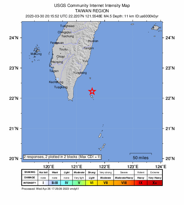 USGS DYFI community-reported intensity map for the M4.5 earthquake near 87 km ENE of Hengchun, Taiwan