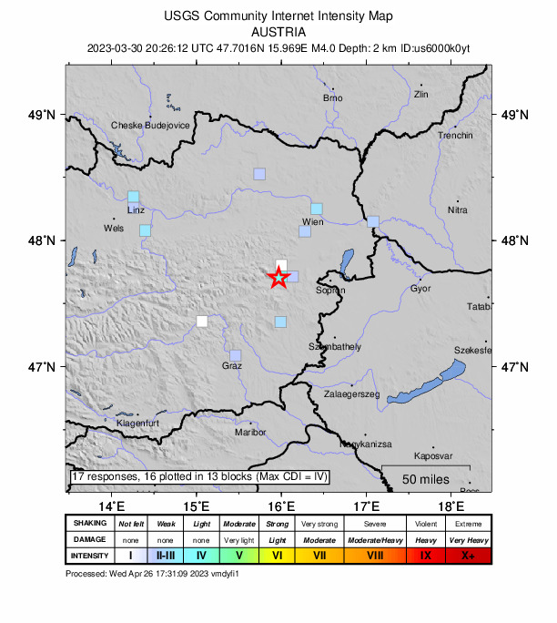 USGS DYFI community-reported intensity map for the M4.0 earthquake near 1 km WNW of Buchbach, Austria