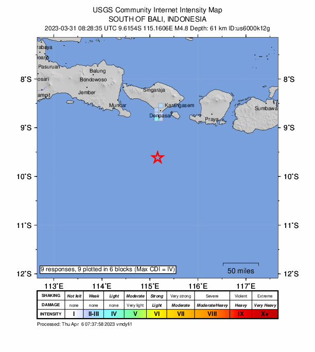 USGS DYFI community-reported intensity map for the M4.8 earthquake near 90 km S of Nusa Dua, Indonesia