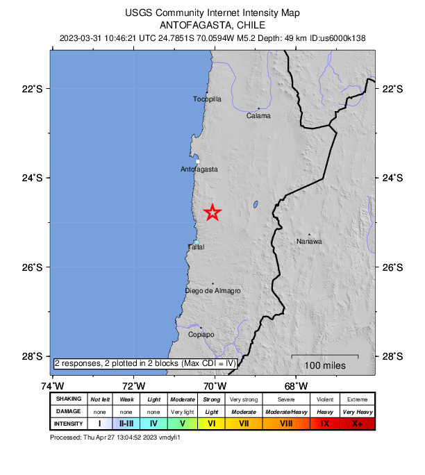 USGS DYFI community-reported intensity map for the M5.2 earthquake near 81 km NNE of Taltal, Chile