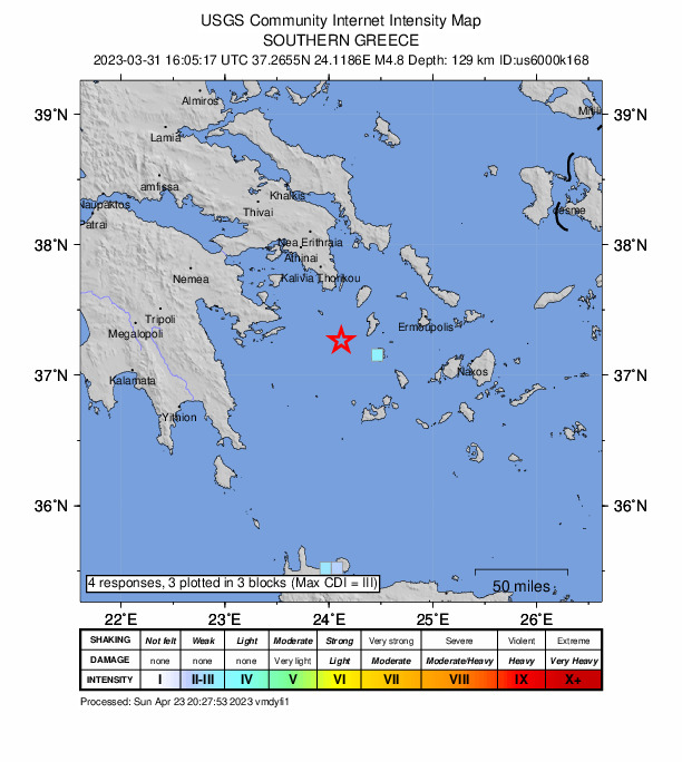 USGS DYFI community-reported intensity map for the M4.8 earthquake near 37 km WNW of Sérifos, Greece