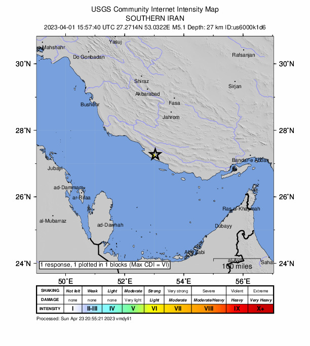 USGS DYFI community-reported intensity map for the M5.1 earthquake near 34 km SSE of Mohr, Iran