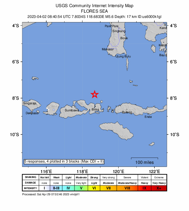 USGS DYFI community-reported intensity map for the M5.6 earthquake near 72 km N of Bima, Indonesia