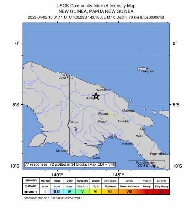 USGS DYFI community-reported intensity map for the M7.0 earthquake near 40 km ESE of Ambunti, Papua New Guinea