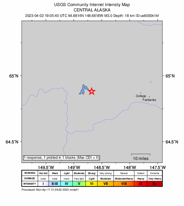 USGS DYFI community-reported intensity map for the M2.7 earthquake near 34 km NNE of Four Mile Road, Alaska