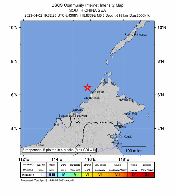 USGS DYFI community-reported intensity map for the M5.5 earthquake near 56 km NNW of Kota Kinabalu, Malaysia