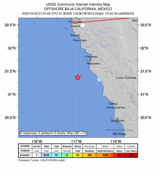USGS DYFI community-reported intensity map for the M3.9 earthquake near Baja California, Mexico