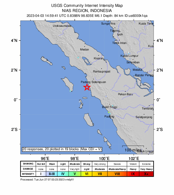 USGS DYFI community-reported intensity map for the M6.1 earthquake near 77 km SW of Padangsidempuan, Indonesia