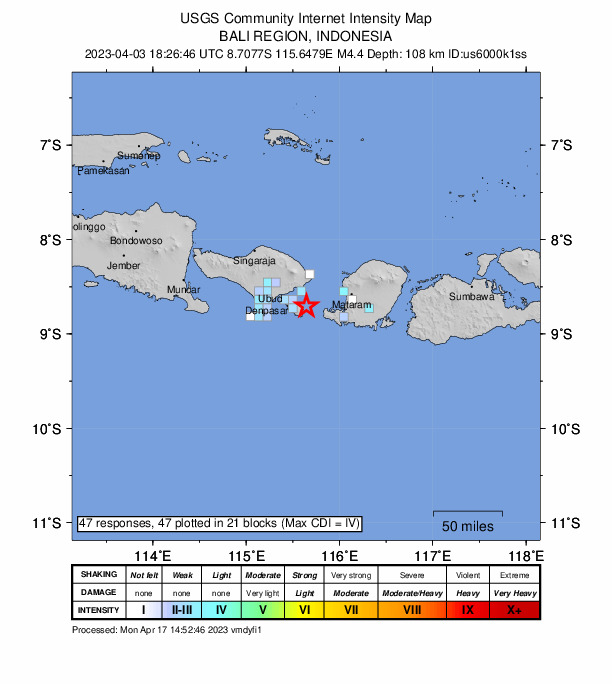 USGS DYFI community-reported intensity map for the M4.4 earthquake near 28 km S of Amlapura, Indonesia