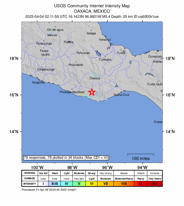 USGS DYFI community-reported intensity map for the M5.4 earthquake near 10 km E of San Gabriel Mixtepec, Mexico
