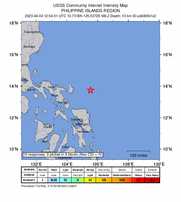 USGS DYFI community-reported intensity map for the M6.2 earthquake near 124 km E of Gigmoto, Philippines