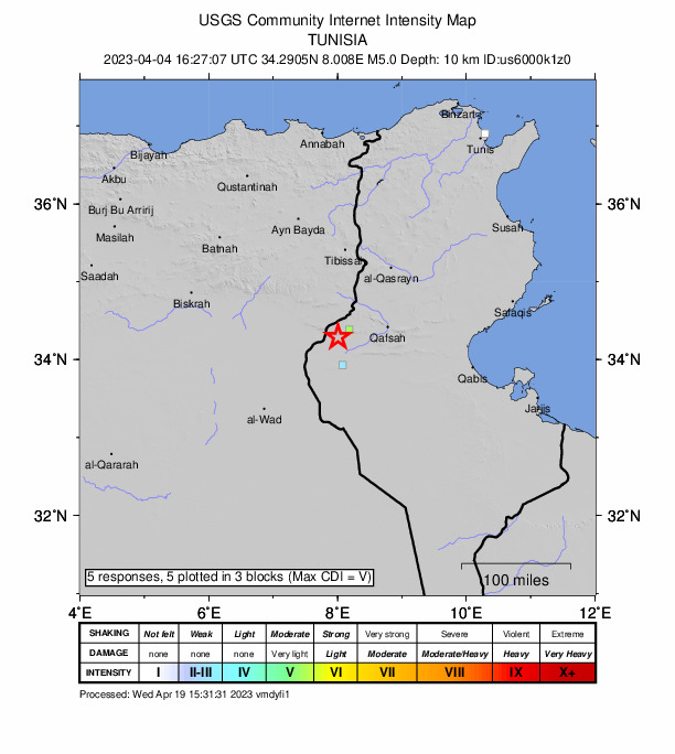 USGS DYFI community-reported intensity map for the M5.0 earthquake near 7 km ESE of Chebika, Tunisia