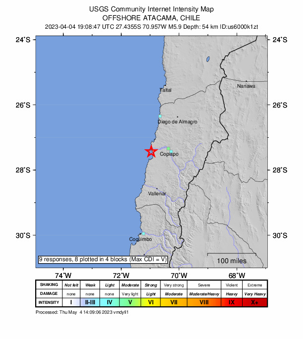 USGS DYFI community-reported intensity map for the M5.9 earthquake near 62 km W of Copiapó, Chile