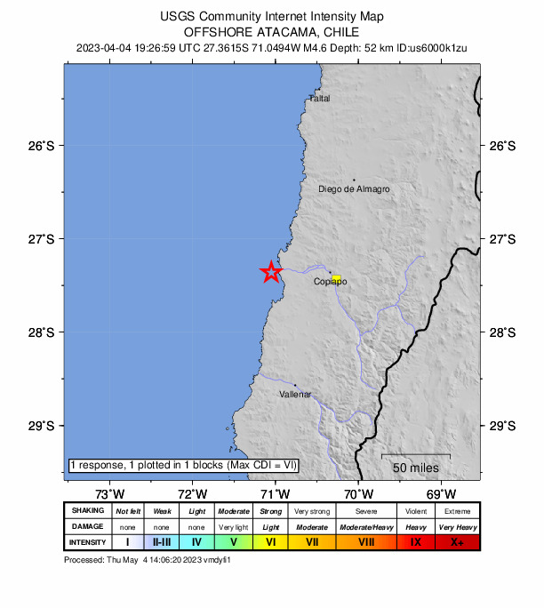 USGS DYFI community-reported intensity map for the M4.6 earthquake near Near the coast of Atacama, Chile