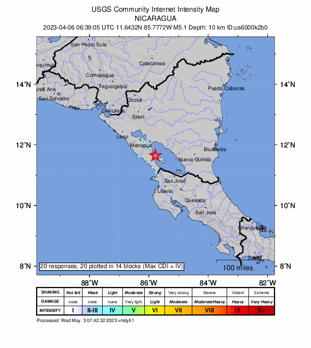 USGS DYFI community-reported intensity map for the M5.1 earthquake near 14 km NW of Moyogalpa, Nicaragua