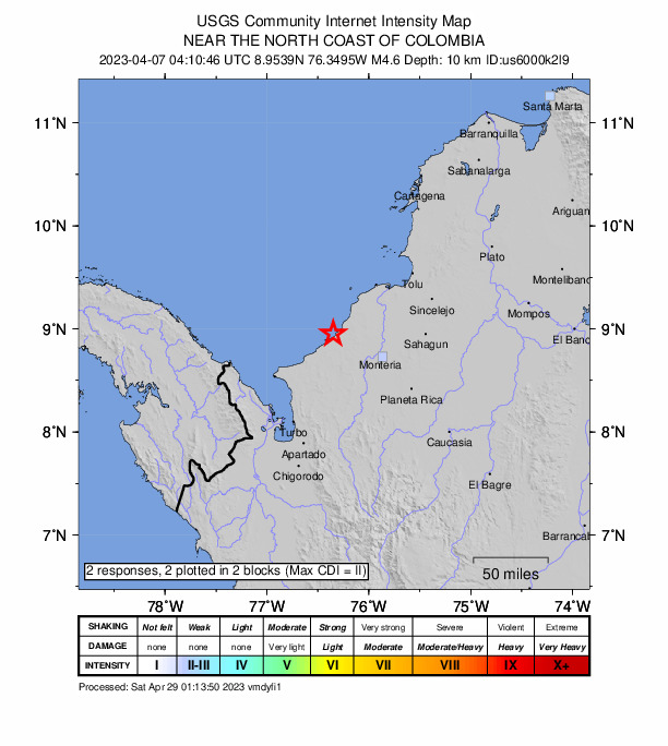 USGS DYFI community-reported intensity map for the M4.6 earthquake near 7 km NNE of Los Córdobas, Colombia