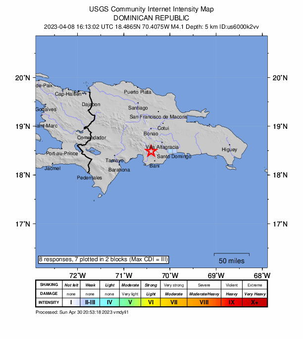 USGS DYFI community-reported intensity map for the M4.2 earthquake near 8 km E of San José de Ocoa, Dominican Republic