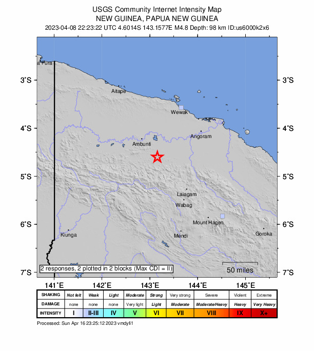 USGS DYFI community-reported intensity map for the M4.9 earthquake near 54 km ESE of Ambunti, Papua New Guinea