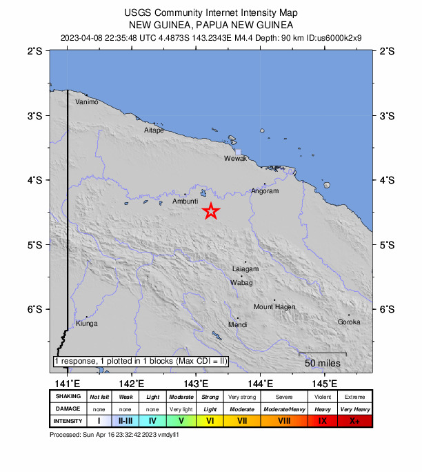 USGS DYFI community-reported intensity map for the M4.4 earthquake near New Guinea, Papua New Guinea