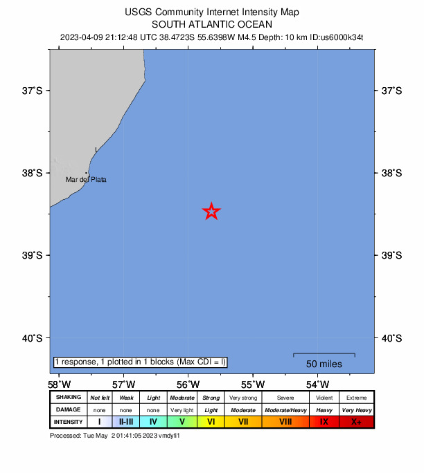 USGS DYFI community-reported intensity map for the M4.5 earthquake near 175 km ESE of Mar del Plata, Argentina