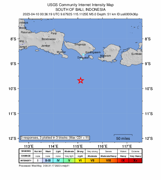 USGS DYFI community-reported intensity map for the M5.0 earthquake near 95 km S of Nusa Dua, Indonesia