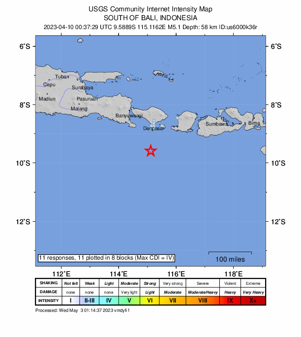 USGS DYFI community-reported intensity map for the M5.1 earthquake near 88 km S of Nusa Dua, Indonesia