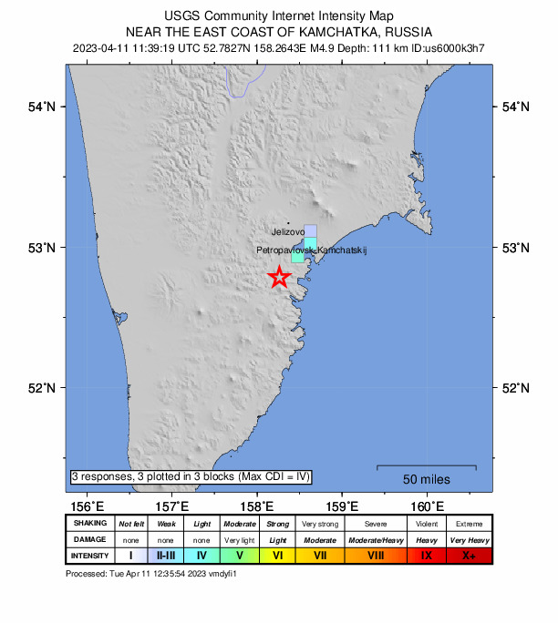 USGS DYFI community-reported intensity map for the M4.9 earthquake near 17 km SSW of Vilyuchinsk, Russia