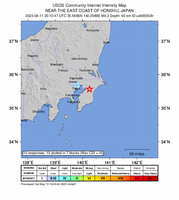 USGS DYFI community-reported intensity map for the M4.3 earthquake near 7 km NW of Ōami, Japan