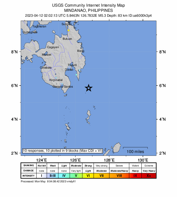 USGS DYFI community-reported intensity map for the M5.3 earthquake near 86 km SE of Pondaguitan, Philippines