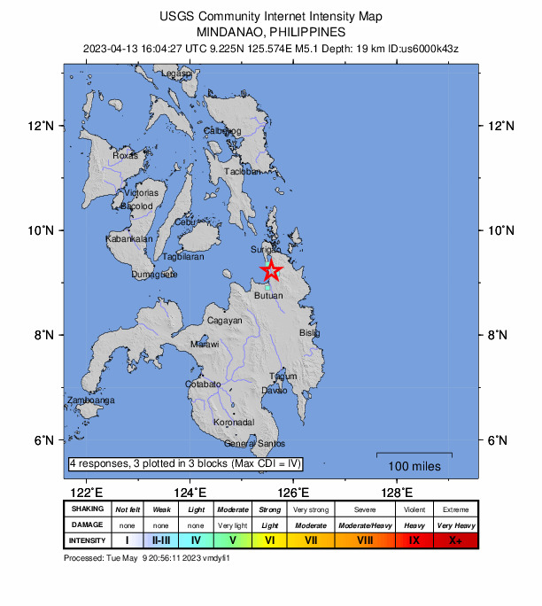 USGS DYFI community-reported intensity map for the M5.1 earthquake near 2 km SE of Jagupit, Philippines