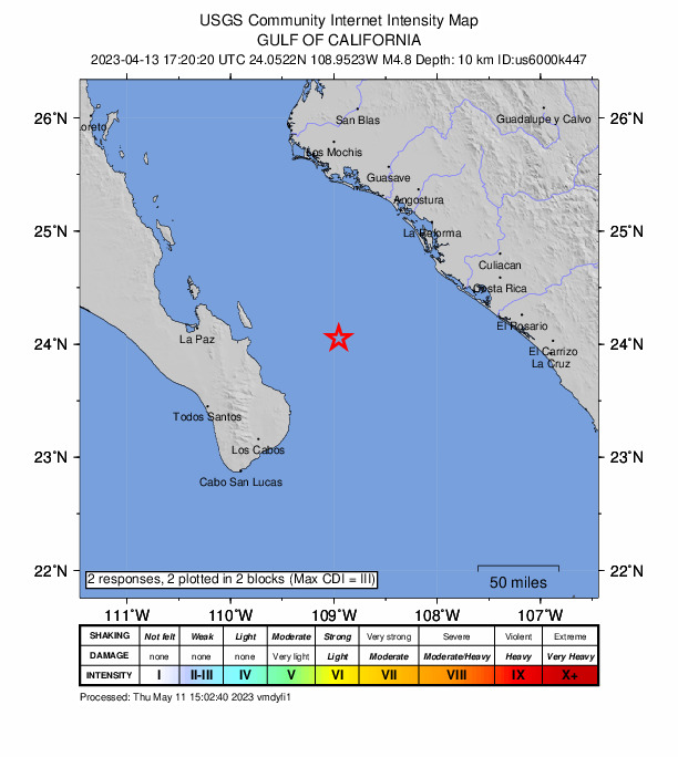 USGS DYFI community-reported intensity map for the M5.3 earthquake near 81 km NE of La Rivera, Mexico