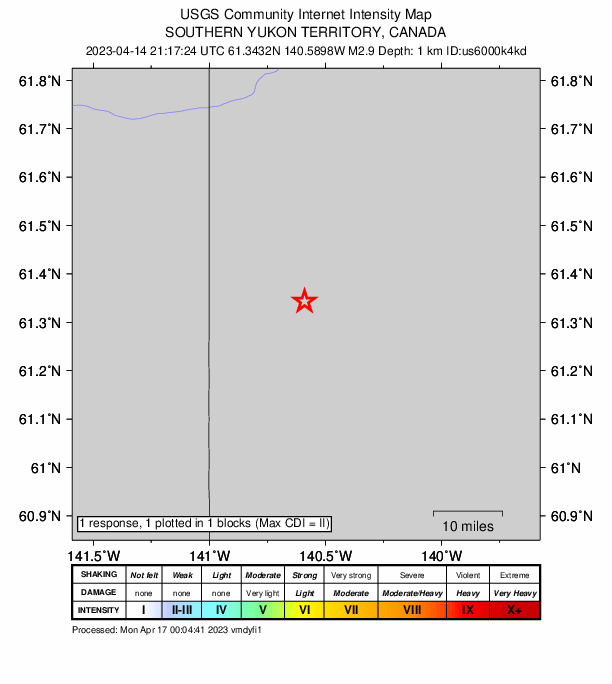 USGS DYFI community-reported intensity map for the M2.8 earthquake near 123 km E of McCarthy, Alaska