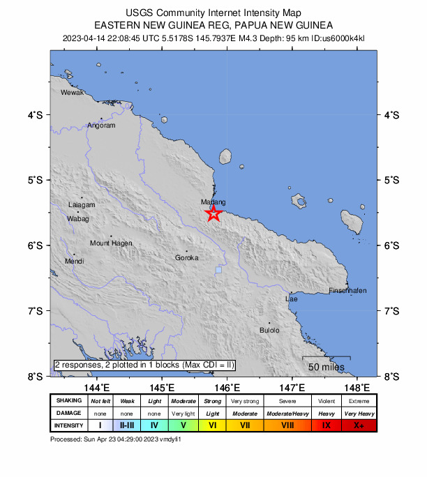 USGS DYFI community-reported intensity map for the M4.3 earthquake near 32 km S of Madang, Papua New Guinea