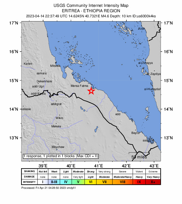 USGS DYFI community-reported intensity map for the M4.6 earthquake near 128 km NW of Edd, Eritrea