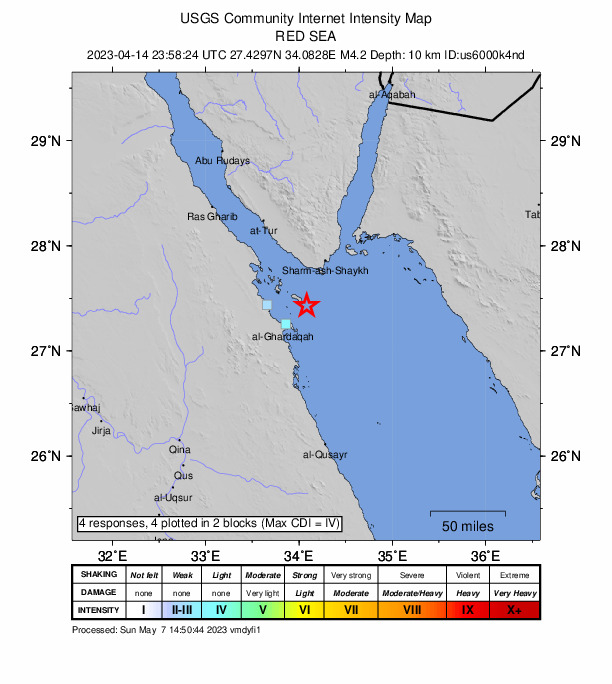 USGS DYFI community-reported intensity map for the M4.2 earthquake near 30 km NE of Hurghada, Egypt