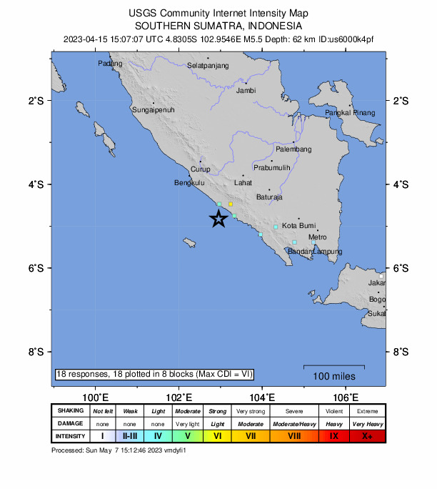 USGS DYFI community-reported intensity map for the M5.5 earthquake near 94 km SSW of Pagar Alam, Indonesia
