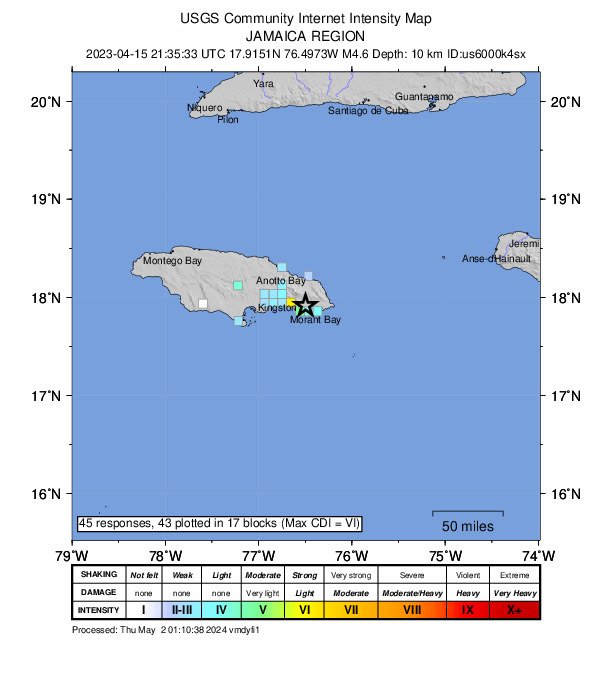 USGS DYFI community-reported intensity map for the M4.6 earthquake near Saint Thomas, Jamaica