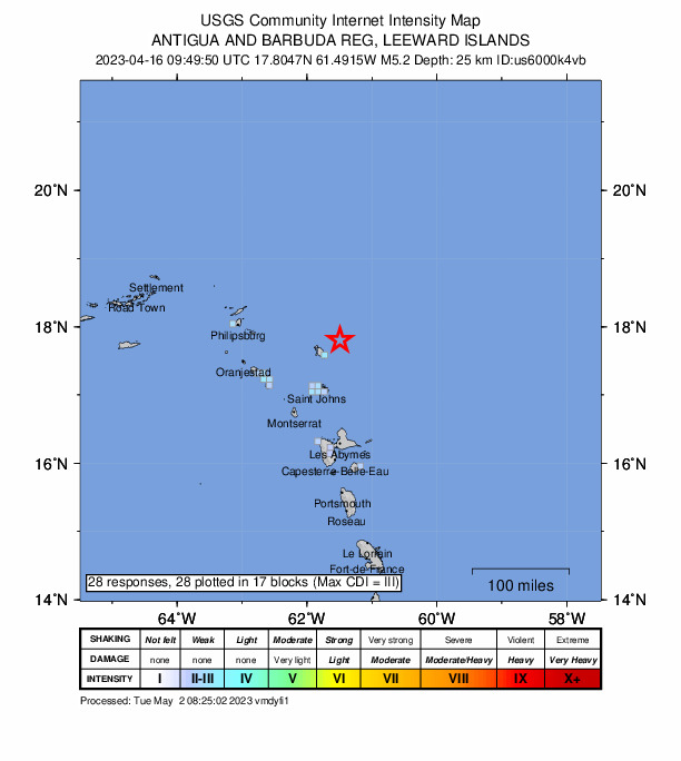USGS DYFI community-reported intensity map for the M5.2 earthquake near 39 km ENE of Codrington, Antigua and Barbuda