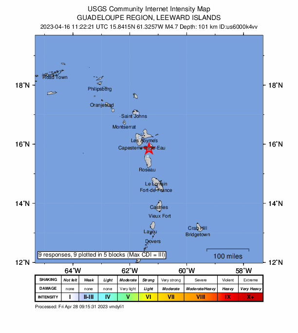 USGS DYFI community-reported intensity map for the M4.7 earthquake near 4 km SSW of Grand-Bourg, Guadeloupe