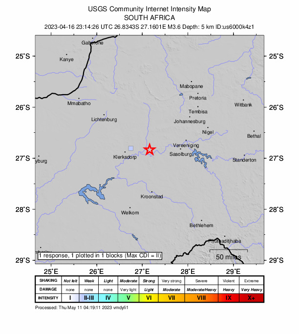 USGS DYFI community-reported intensity map for the M3.6 earthquake near 14 km SSE of Potchefstroom, South Africa