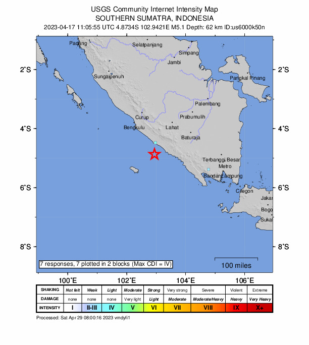 USGS DYFI community-reported intensity map for the M5.1 earthquake near 99 km SSW of Pagar Alam, Indonesia