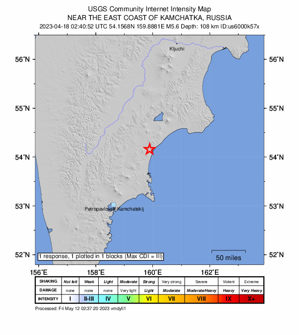USGS DYFI community-reported intensity map for the M5.6 earthquake near 100 km SE of Mil’kovo, Russia