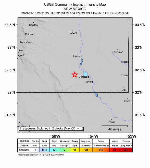 USGS DYFI community-reported intensity map for the M3.4 earthquake near 23 km W of Carlsbad, New Mexico