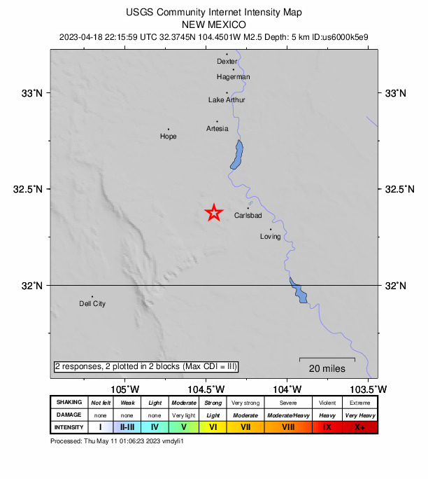 USGS DYFI community-reported intensity map for the M2.5 earthquake near 21 km WSW of Carlsbad, New Mexico