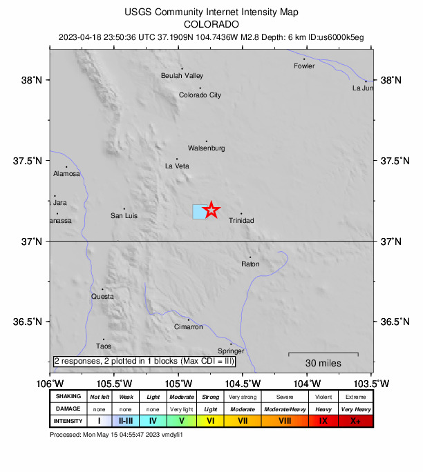 USGS DYFI community-reported intensity map for the M2.8 earthquake near 7 km N of Segundo, Colorado