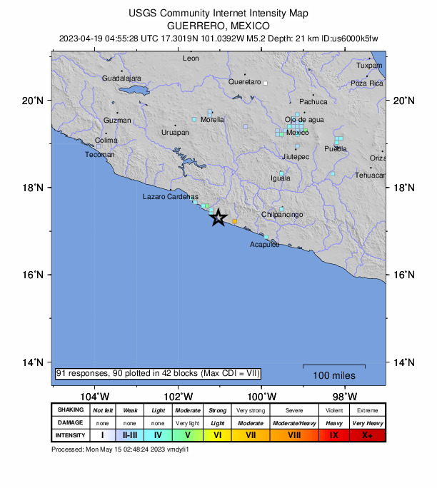 USGS DYFI community-reported intensity map for the M5.2 earthquake near 6 km SSW of Papanoa, Mexico