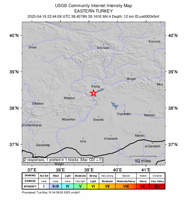 USGS DYFI community-reported intensity map for the M4.4 earthquake near 13 km WSW of Sivrice, Turkey